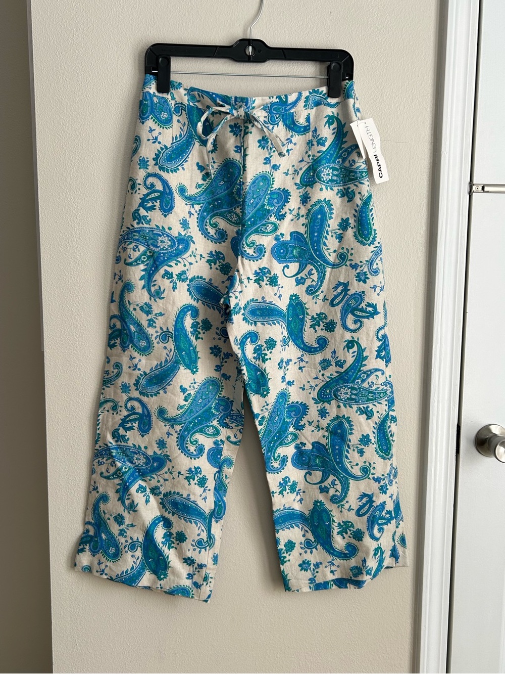 NWT Units 100% Linen Paisley Blue Cream Capri Length Pants Drawstring Size L